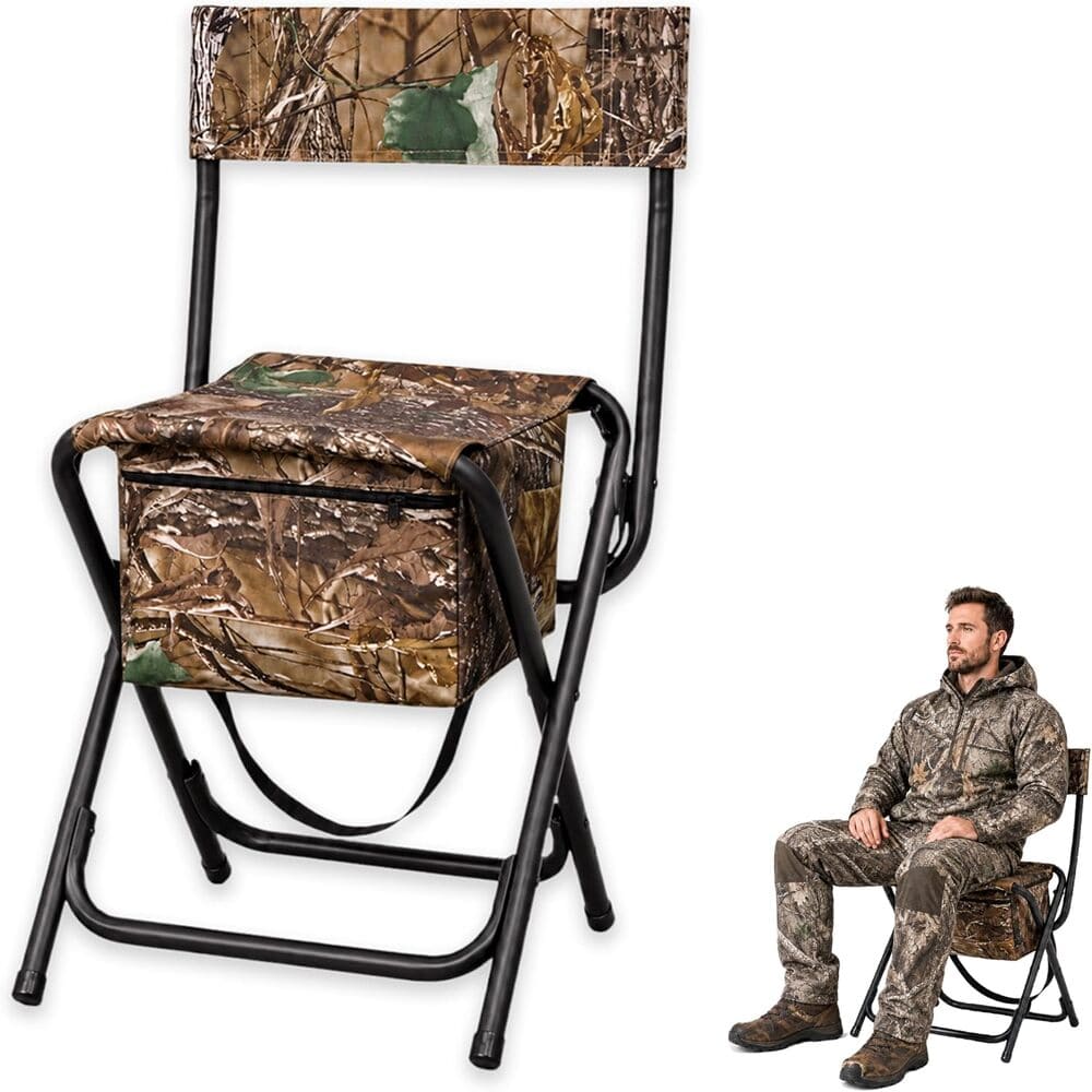 A folding camouflage chair with a black metal frame and a matching camouflage seat cushion, shown alongside a man seated in the same style. The background is plain white.