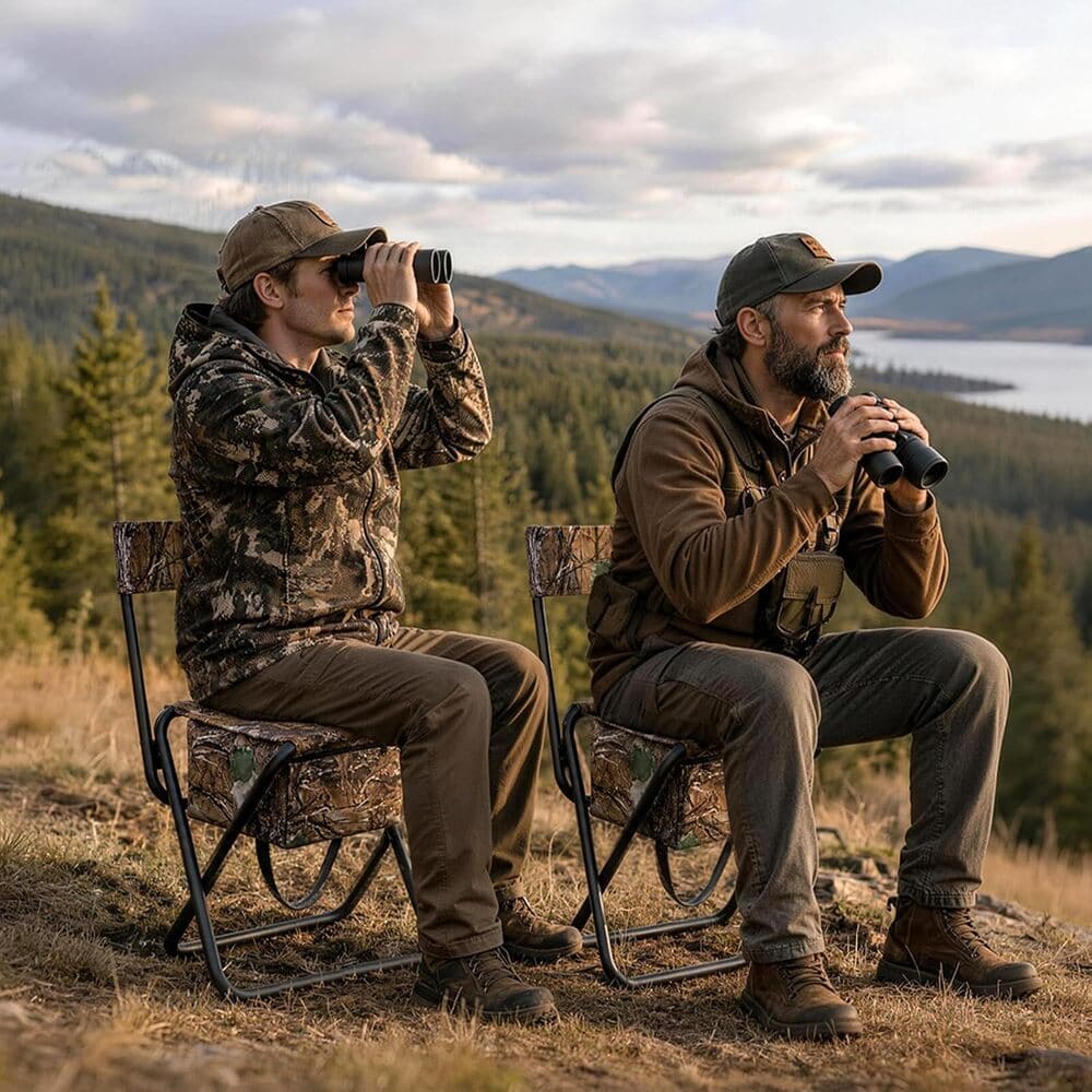 Two men sitting on folding chairs outdoors on a grassy hill, each holding binoculars. They are dressed in camouflage and brown outdoor apparel, with a forest, mountains, and lake visible in the background under a cloudy sky.