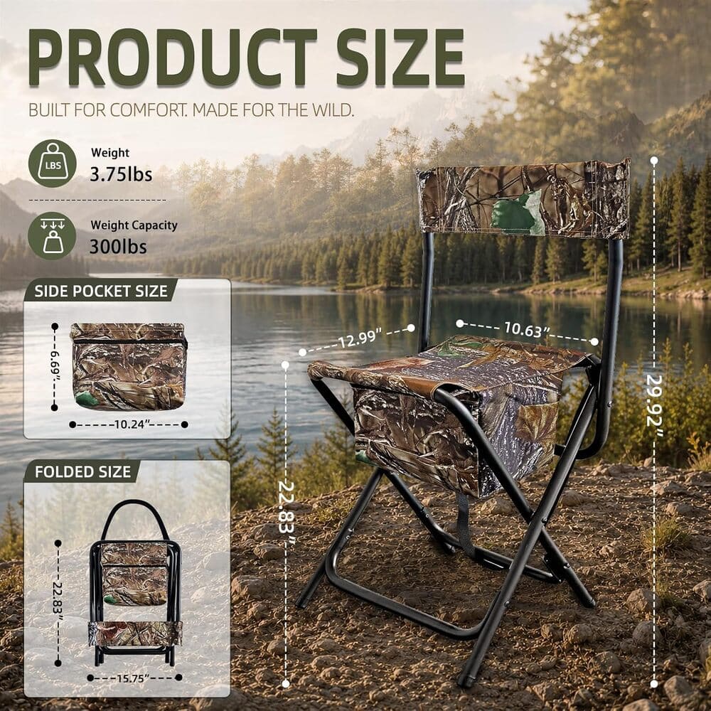 Camouflage folding camp chair shown with product size graphics, including dimensions, weight (3.75 lbs), weight capacity (300 lbs), side pocket size, and folded size, over a forest lakeside background.