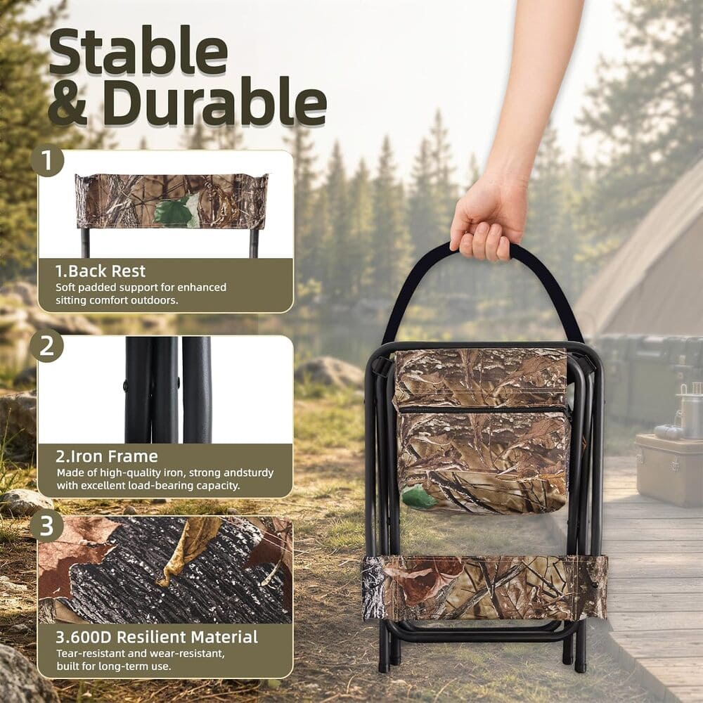 A camouflage step stool with a black metal frame and carrying handle, shown being held by a person in an outdoor campsite setting. The left side includes three feature callout panels labeled 1.