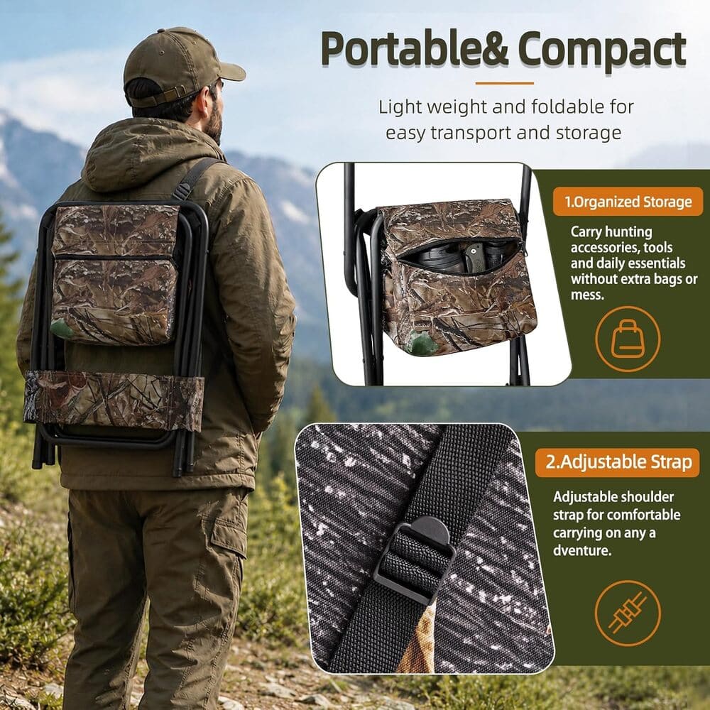 A man wearing a camouflage folding backpack outdoors in a mountain setting, with text callouts describing the product as portable and compact, plus two inset detail images showing storage organization and an adjustable shoulder strap.