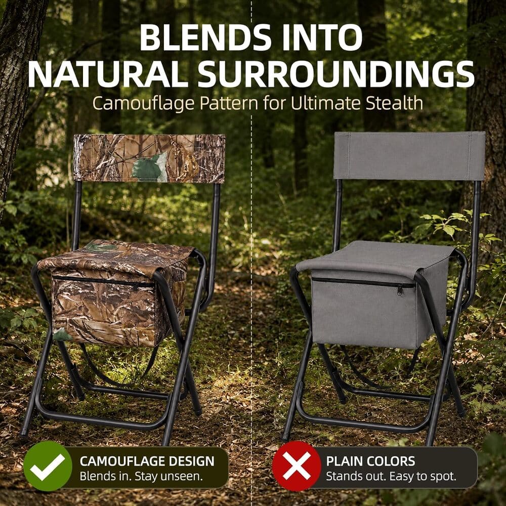 A promotional comparison graphic showing two folding camp chairs in a forest setting. The left chair has a camouflage pattern on the seat and backrest, and the right chair is plain gray.
