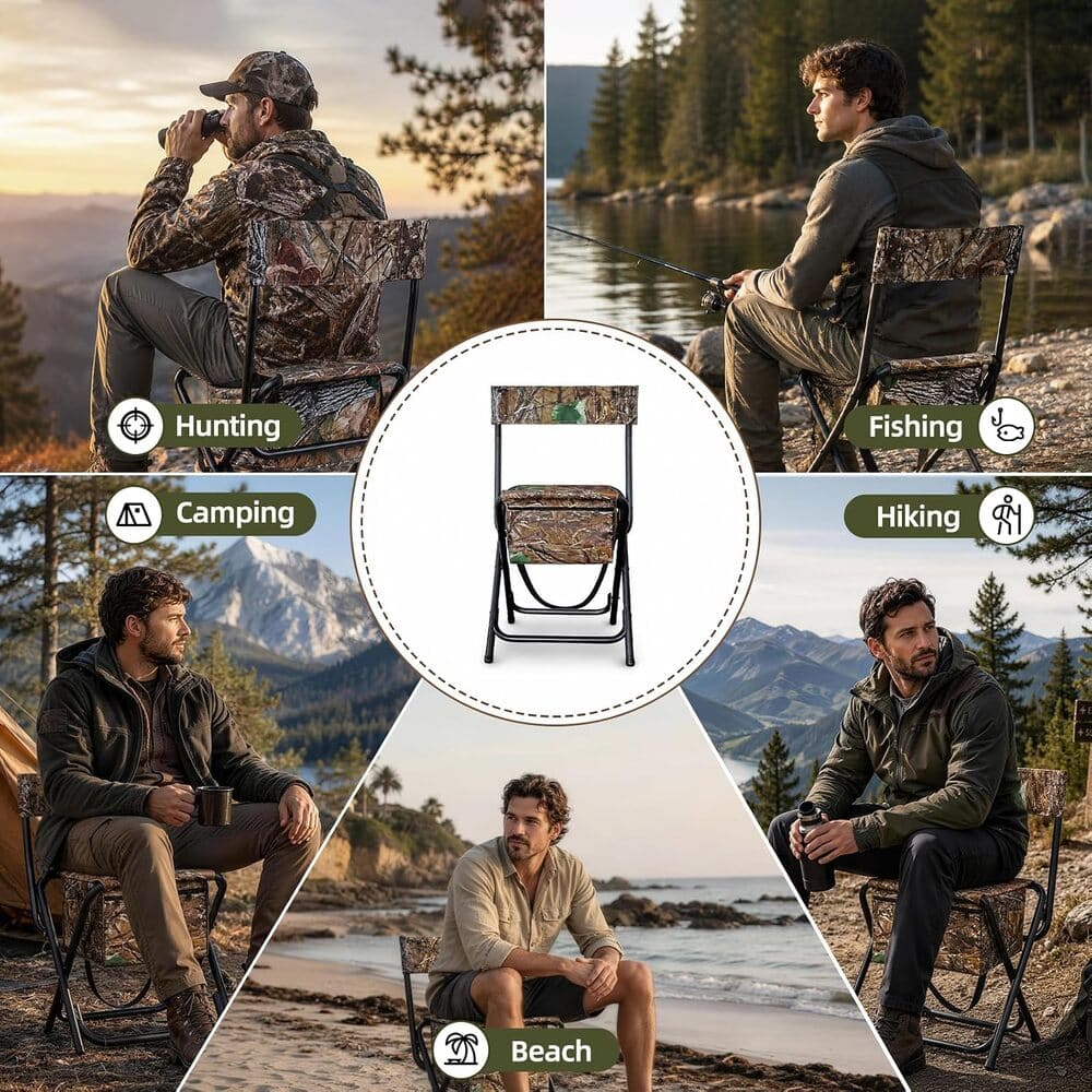 A collage showing a folding camp chair in camouflage fabric and black metal frame, with a central product cutout surrounded by four lifestyle scenes: hunting by a lake, fishing by the water, camping under mountains, and sitting on a beach.