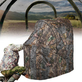 A camouflage hunting chair blind with integrated seat and insulation bag, designed for one person, with a see-through window section.