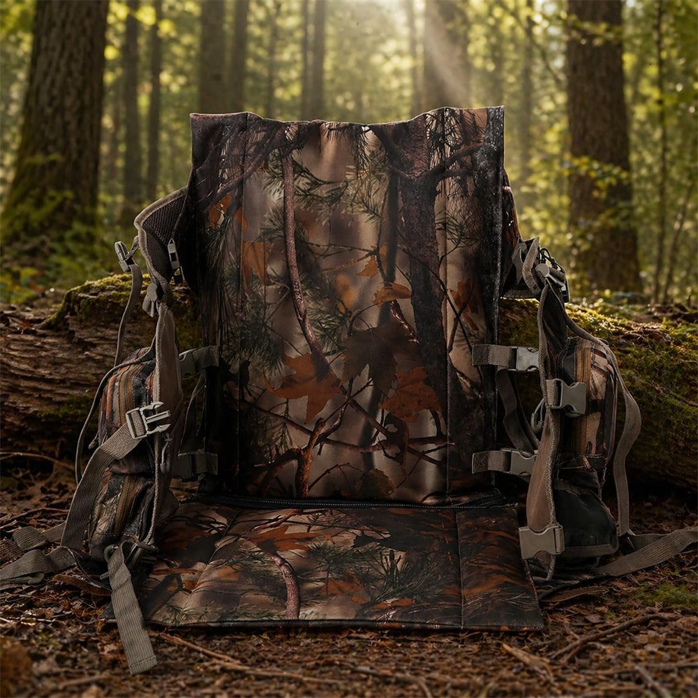 A camouflage backpack laid open on the forest floor, with a matching camouflage floor pad or mat placed in front. The setting is a wooded outdoor scene with trees, moss, and sunlight filtering through the woods.