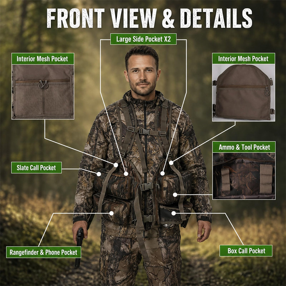 Man in camouflage hunting gear with labeled pockets against a forest background