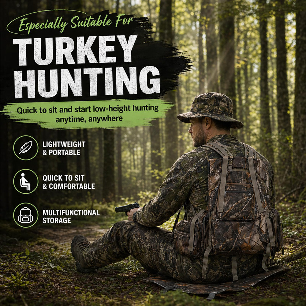 Man in camouflage gear sitting in a forest with text about turkey hunting equipment.