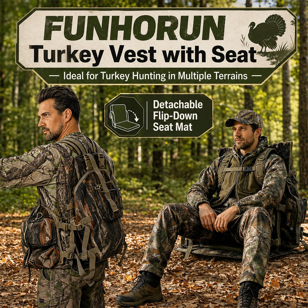 Two men in camouflage hunting gear sit in a wooded forest setting, showcasing a turkey hunting seat with a detachable flip-down seat mat. Large text at the top reads 'FUNHORUN Turkey Vest with Seat' and highlights the detachable flip-down seat mat.