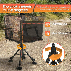 Hunting Chair with Removable Camouflage Cover, 360 Degree Silent Swivel Hunting Seat with Adjustable 4 Legs Height and Armrests, Tool-Free Foldable Ground Blind Chair, Portable Seat