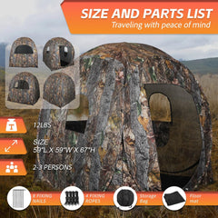 Hunting Blind 360 Degree See Through with Floor Mat, 2/3 Person Ground Blind, Quick Set Pop Up Tent, Spring Steel Camouflage Tent for Deer and Turkey