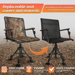 Hunting Chair with Removable Camouflage Cover, 360 Degree Silent Swivel Hunting Seat with Adjustable 4 Legs Height and Armrests, Tool-Free Foldable Ground Blind Chair, Portable Seat