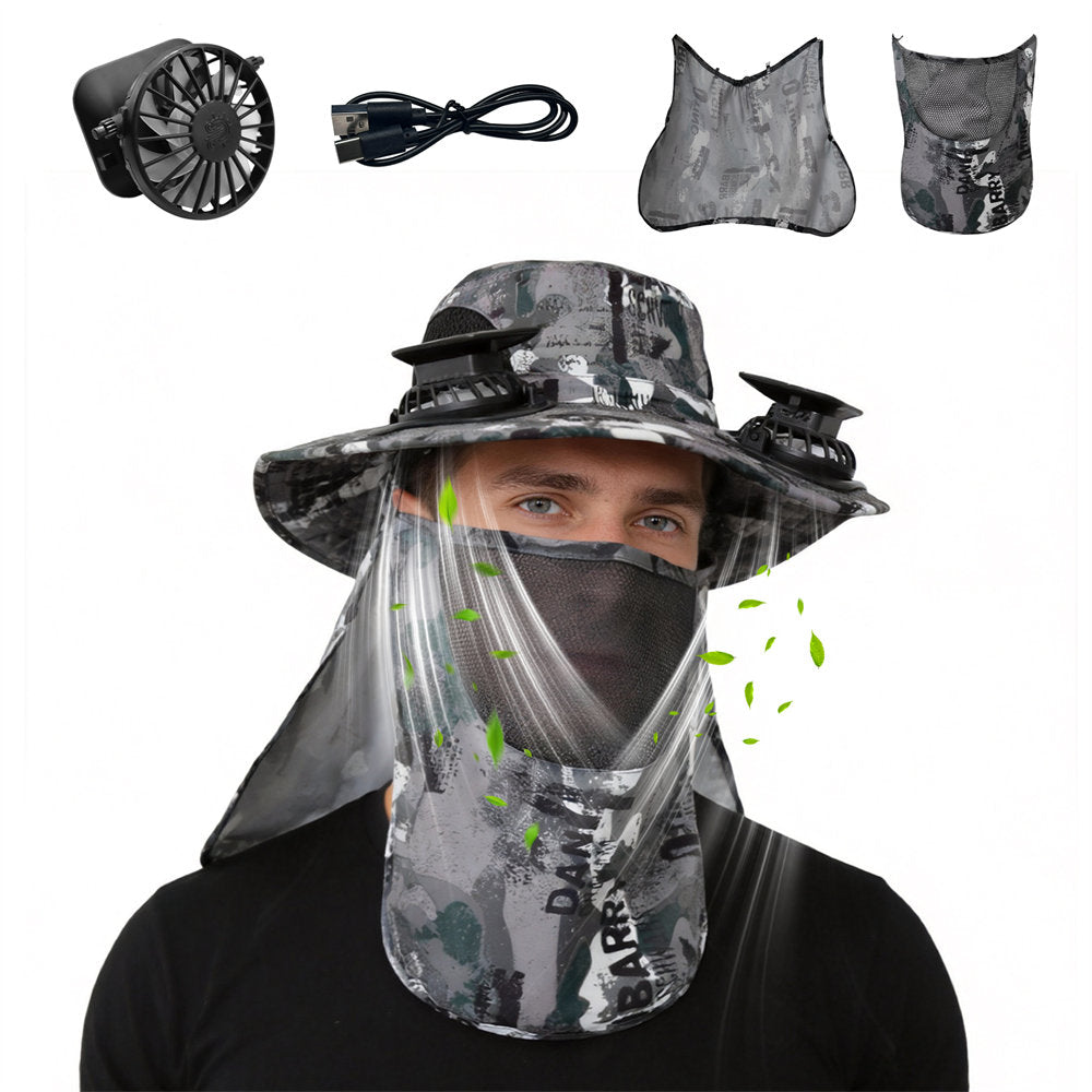 A man wearing a gray and black camouflage sun hat with an attached clear face shield and neck fan, shown against a white background with separate views of the fan, cable, hat, and neck cover.