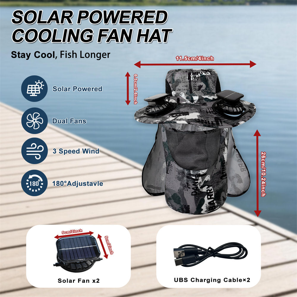 Solar powered cooling fan hat for fishing, featuring a camouflage pattern, dual cooling fans on the brim, and a detachable mesh neck cover. The image includes dimension markings, feature icons, a small solar panel, and a USB charging cable on a wooden dock background.