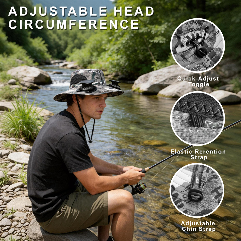 A man wearing a camouflage fishing hat sits by a river, holding a fishing rod. The image includes the text 'ADJUSTABLE HEAD CIRCUMFERENCE' and three circular inset close-ups showing product details: a quick-adjust toggle, an elastic retention strap, and an adjustable chin strap.