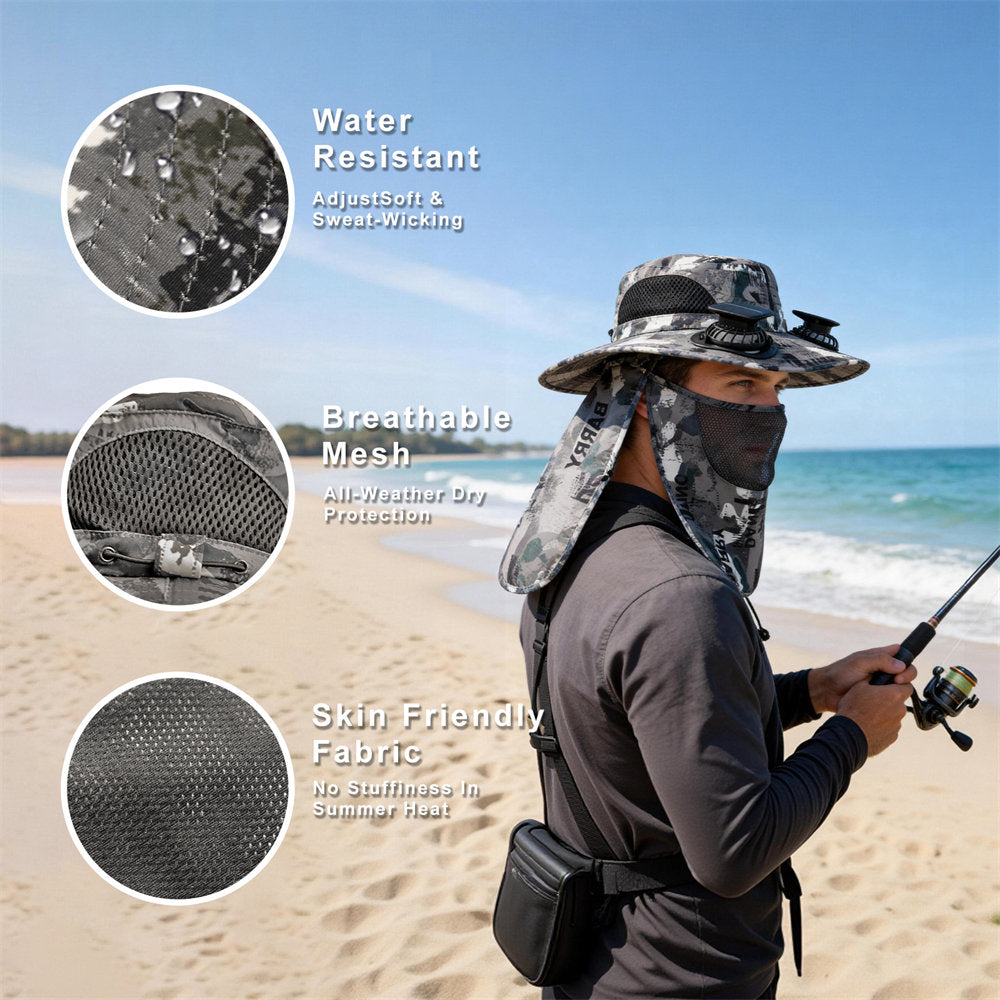 A man wearing a camouflage fishing hat with an attached neck flap and face mask stands on a beach holding a fishing rod. Three circular inset close-ups highlight fabric features: water resistance, breathable mesh, and skin-friendly fabric.