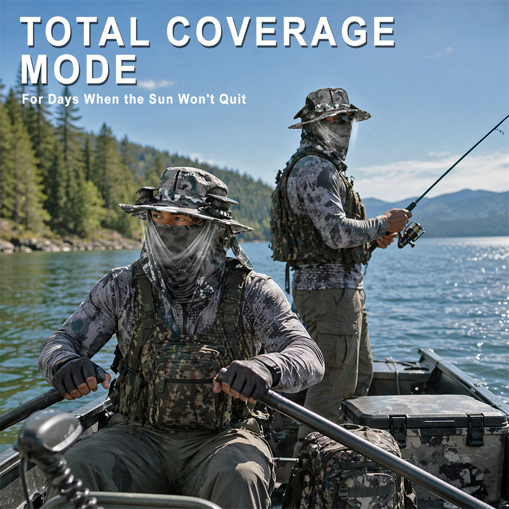 Two people in camouflage fishing gear sit in a boat on a lake, with one person fishing and the other rowing. Large text at the top reads 'TOTAL COVERAGE MODE' and 'For Days When the Sun Won't Quit.