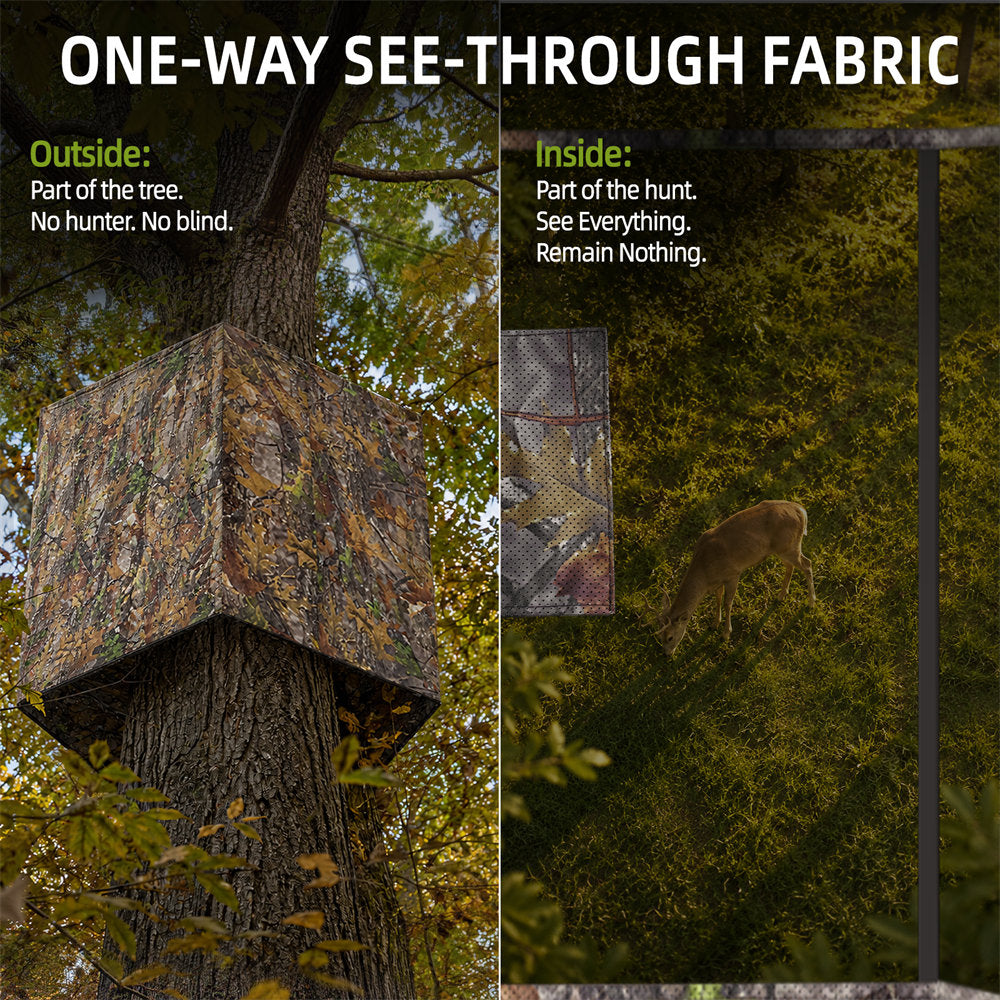 A split-screen product graphic for one-way see-through camouflage hunting blinds. The left half shows a camouflage tree stand mounted on a tree trunk outdoors, labeled 'Outside: Part of the tree.