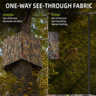 A split-screen product graphic for one-way see-through camouflage hunting blinds. The left half shows a camouflage tree stand mounted on a tree trunk outdoors, labeled 'Outside: Part of the tree.