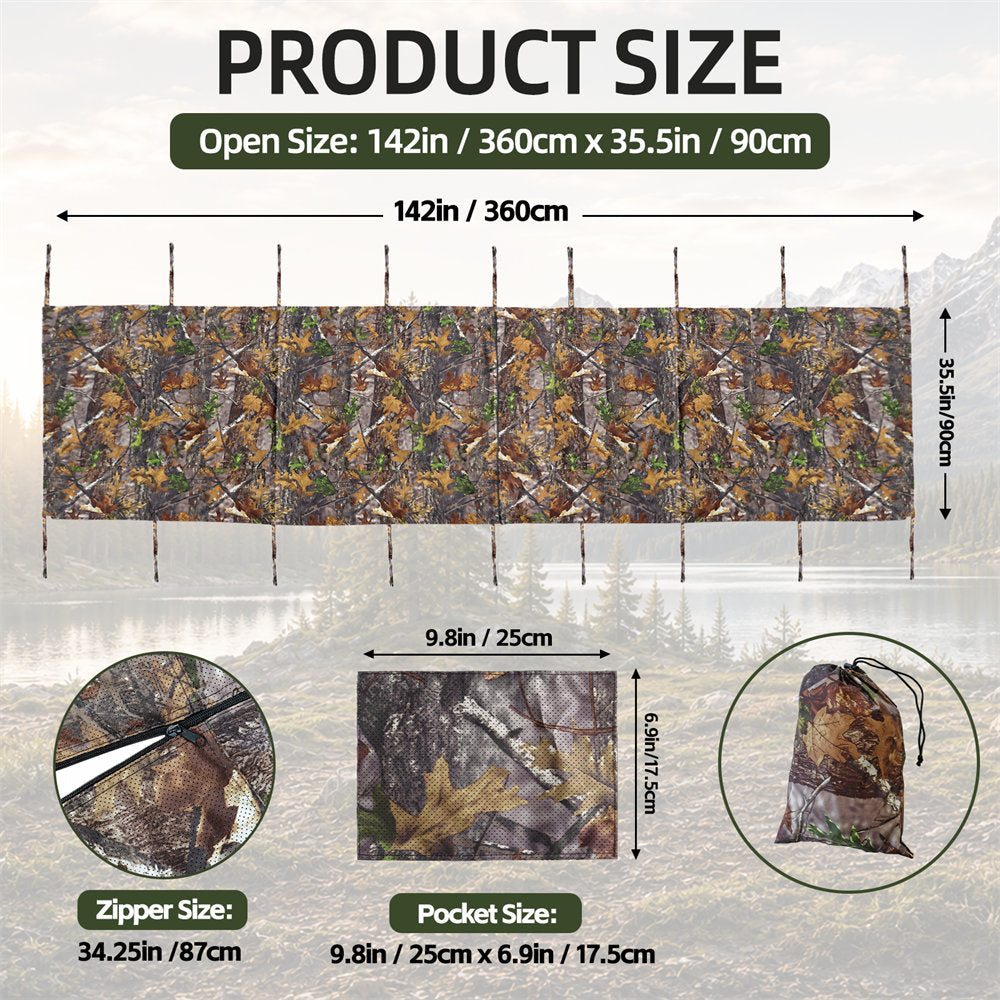 Product size diagram for a camouflage hunting blind or tent, showing the open size of 142in x 360cm (90cm) with dimensions labeled, plus inset views of zipper size, pocket size, and packed storage bag on a blurred outdoor background.