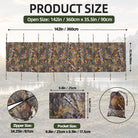 Product size diagram for a camouflage hunting blind or tent, showing the open size of 142in x 360cm (90cm) with dimensions labeled, plus inset views of zipper size, pocket size, and packed storage bag on a blurred outdoor background.