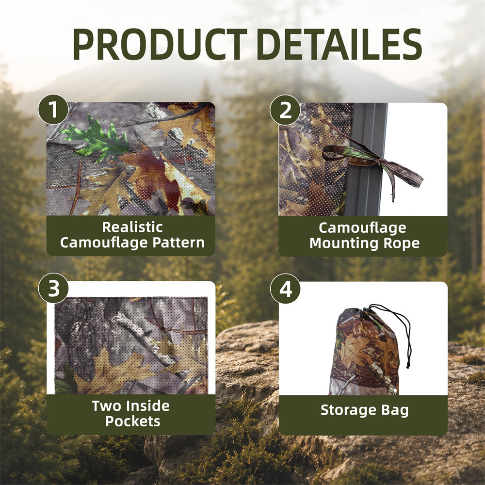 Product details infographic showing four features: realistic camouflage pattern, camouflage mounting rope, two inside pockets, and a storage bag, set against a blurred forest background.