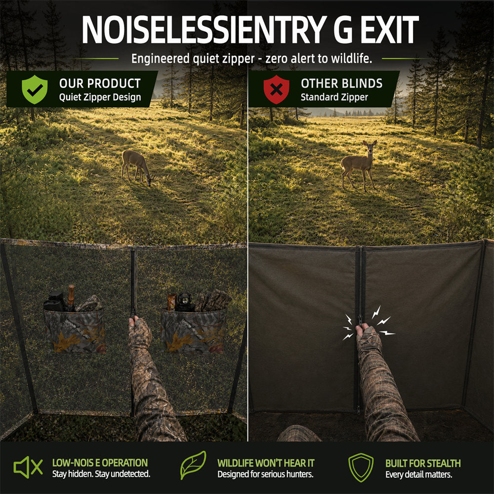 A promotional comparison graphic for a noiseless hunting blind. The top half shows a deer in a grassy forest from inside the blind, with text comparing the product's quiet zipper design to standard zippers on other blinds.