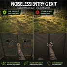 A promotional comparison graphic for a noiseless hunting blind. The top half shows a deer in a grassy forest from inside the blind, with text comparing the product's quiet zipper design to standard zippers on other blinds.
