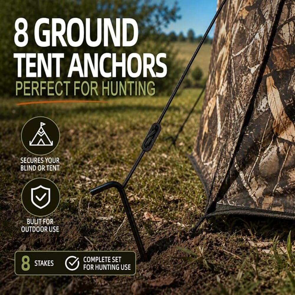 An outdoor promotional photo showing a camouflage hunting tent anchored in grass with black ground tent anchors driven into the ground. Large text reads '8 GROUND TENT ANCHORS PERFECT FOR HUNTING,' with feature icons for securing the blind or tent, built for outdoor use, and 8 stakes complete set for hunting use.