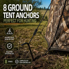 An outdoor promotional photo showing a camouflage hunting tent anchored in grass with black ground tent anchors driven into the ground. Large text reads '8 GROUND TENT ANCHORS PERFECT FOR HUNTING,' with feature icons for securing the blind or tent, built for outdoor use, and 8 stakes complete set for hunting use.