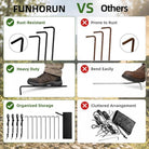 A comparison infographic titled 'FUNHORUN VS Others' showing six feature panels: rust-resistant vs prone to rust, heavy duty vs bend easily, organized storage vs cluttered arrangement. The left column has green checkmarks and the right column has red X marks, with product photos of metal stakes and a boot on a blurred outdoor ground background.