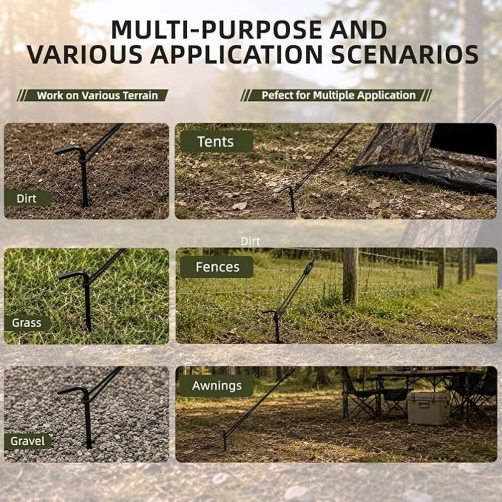 A promotional collage for a black metal ground stake system, showing the stakes installed in dirt, grass, gravel, and wood outdoors. Large text at the top reads 'MULTI-PURPOSE AND VARIOUS APPLICATION SCENARIOS' with smaller labels including 'Dirt,' 'Tents,' 'Fences,' 'Grass,' 'Gravel,' and 'Awnings.