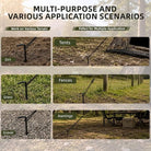 A promotional collage for a black metal ground stake system, showing the stakes installed in dirt, grass, gravel, and wood outdoors. Large text at the top reads 'MULTI-PURPOSE AND VARIOUS APPLICATION SCENARIOS' with smaller labels including 'Dirt,' 'Tents,' 'Fences,' 'Grass,' 'Gravel,' and 'Awnings.
