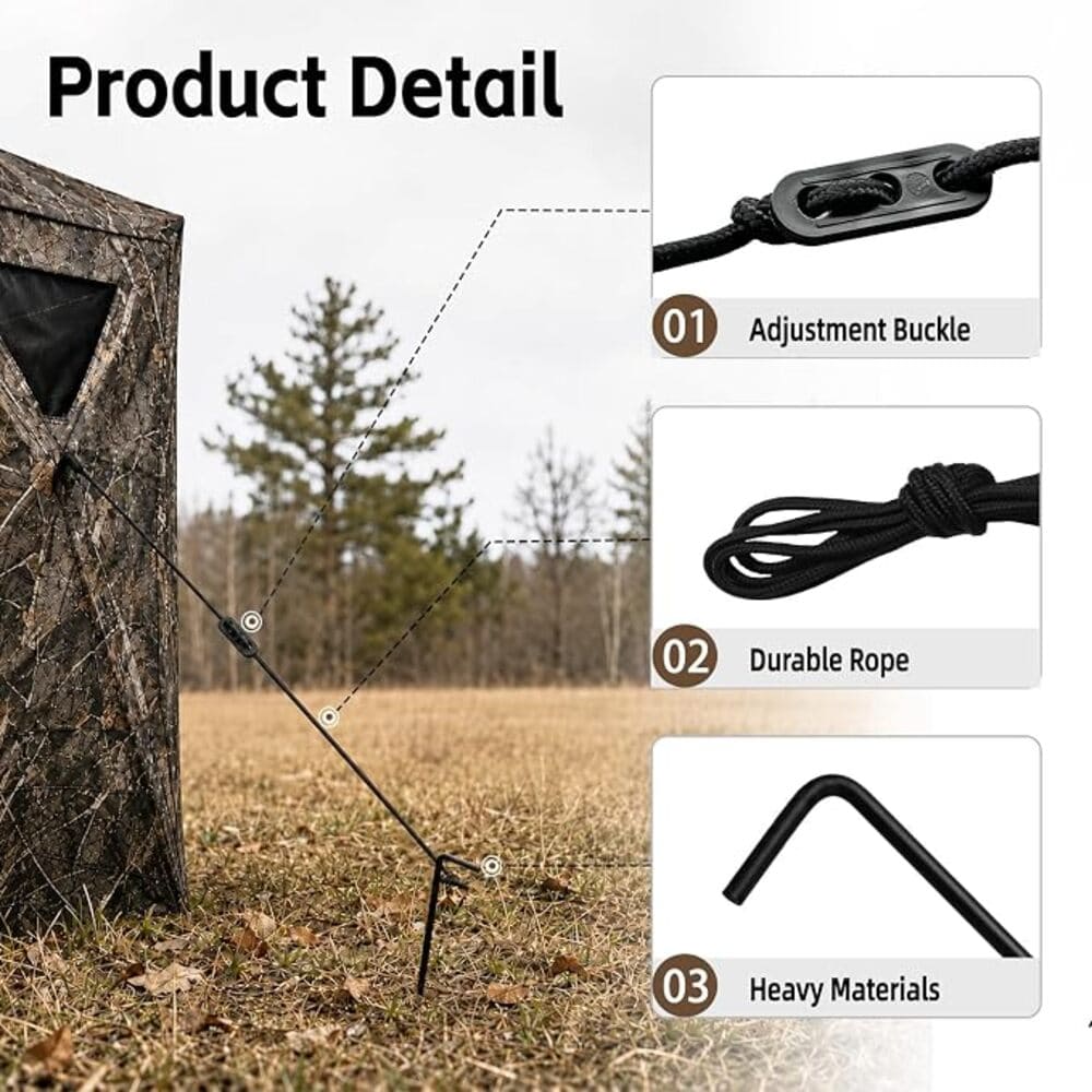 Product detail graphic showing a camouflage hunting blind setup in an outdoor field, with three inset callouts labeled 01 Adjustment Buckle, 02 Durable Rope, and 03 Heavy Materials.