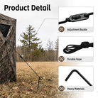 Product detail graphic showing a camouflage hunting blind setup in an outdoor field, with three inset callouts labeled 01 Adjustment Buckle, 02 Durable Rope, and 03 Heavy Materials.