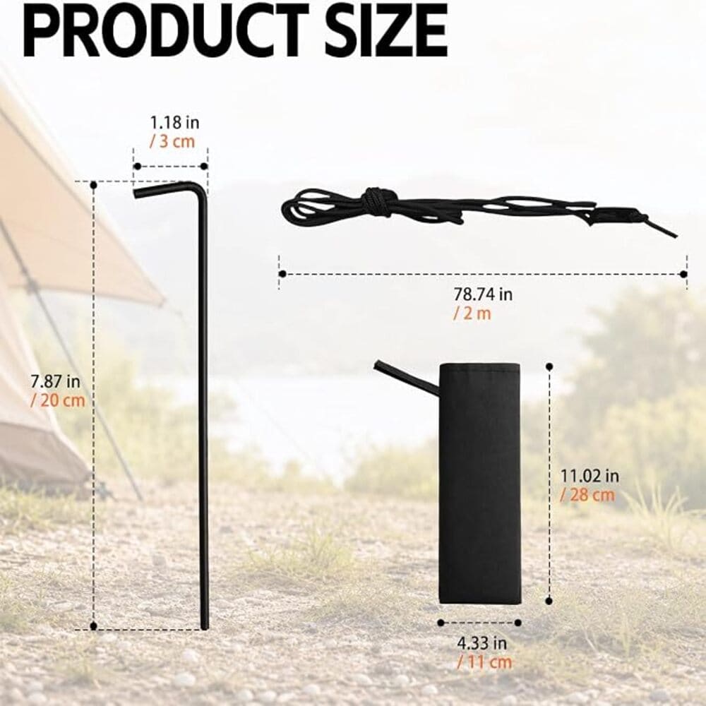 Product size diagram showing a black tent stake and matching black cord with labeled dimensions over a blurred outdoor camping background. Large text at the top reads 'PRODUCT SIZE'.