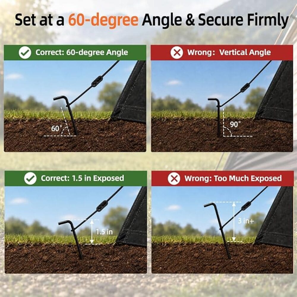 Instructional graphic showing how to set a black ground stake or fence post at a 60-degree angle and secure it firmly. The four-panel layout compares correct and incorrect angles and exposed lengths, with soil, grass, and sky shown in each panel and text labels indicating correct/wrong measurements.