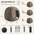 Camouflage pop-up tent with size and parts list on a white background
