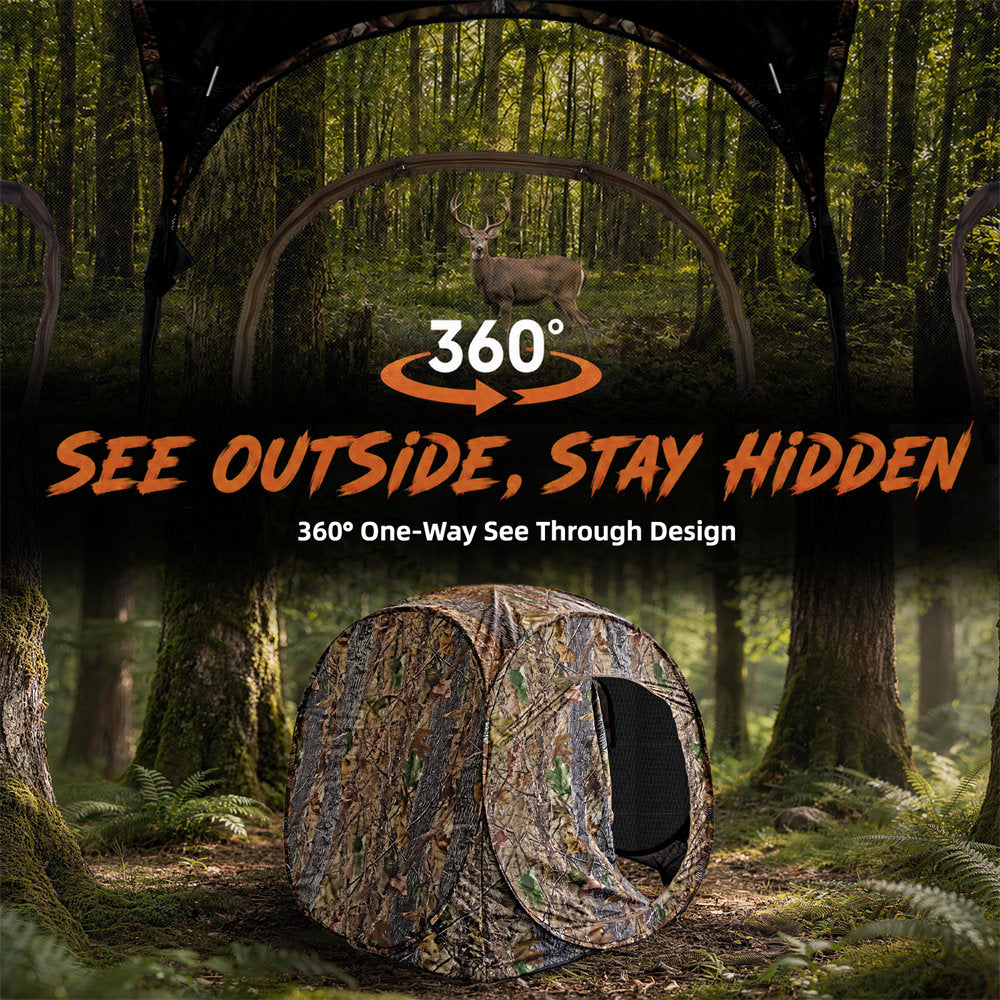 A camouflage hunting blind tent set up in a dense forest, with a deer visible through the open back. Large text reads '360° SEE OUTSIDE, STAY HIDDEN' and '360° One-Way See Through Design'.