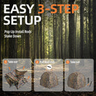 Instructional graphic for a 3-step tent setup over a forest background, with large text reading 'EASY 3-STEP SETUP' and three numbered panels showing the tent unfolded, the roof hub pulled out, and the tent set up.