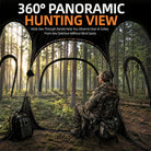 A hunting blind set up in a dense forest with a person in camouflage sitting inside, viewed from within the blind. Large text at the top reads '360° PANORAMIC HUNTING VIEW' with a subtitle about wide see-through panels.