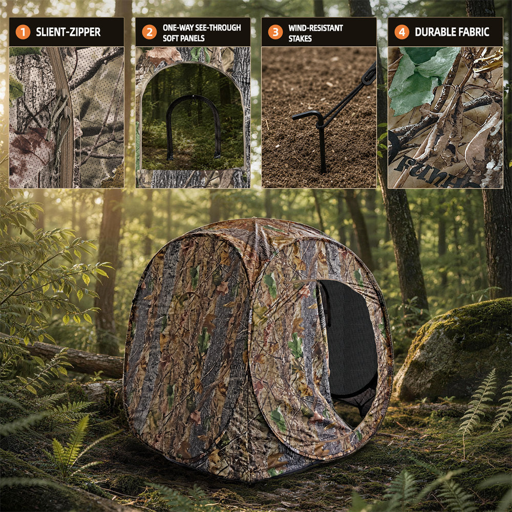A camouflage pop-up hunting blind set in a forest, with four feature callout panels at the top highlighting silent zipper, one-way see-through soy panels, wind-resistant stakes, and durable fabric.