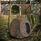 A camouflage pop-up hunting blind set in a forest, with four feature callout panels at the top highlighting silent zipper, one-way see-through soy panels, wind-resistant stakes, and durable fabric.