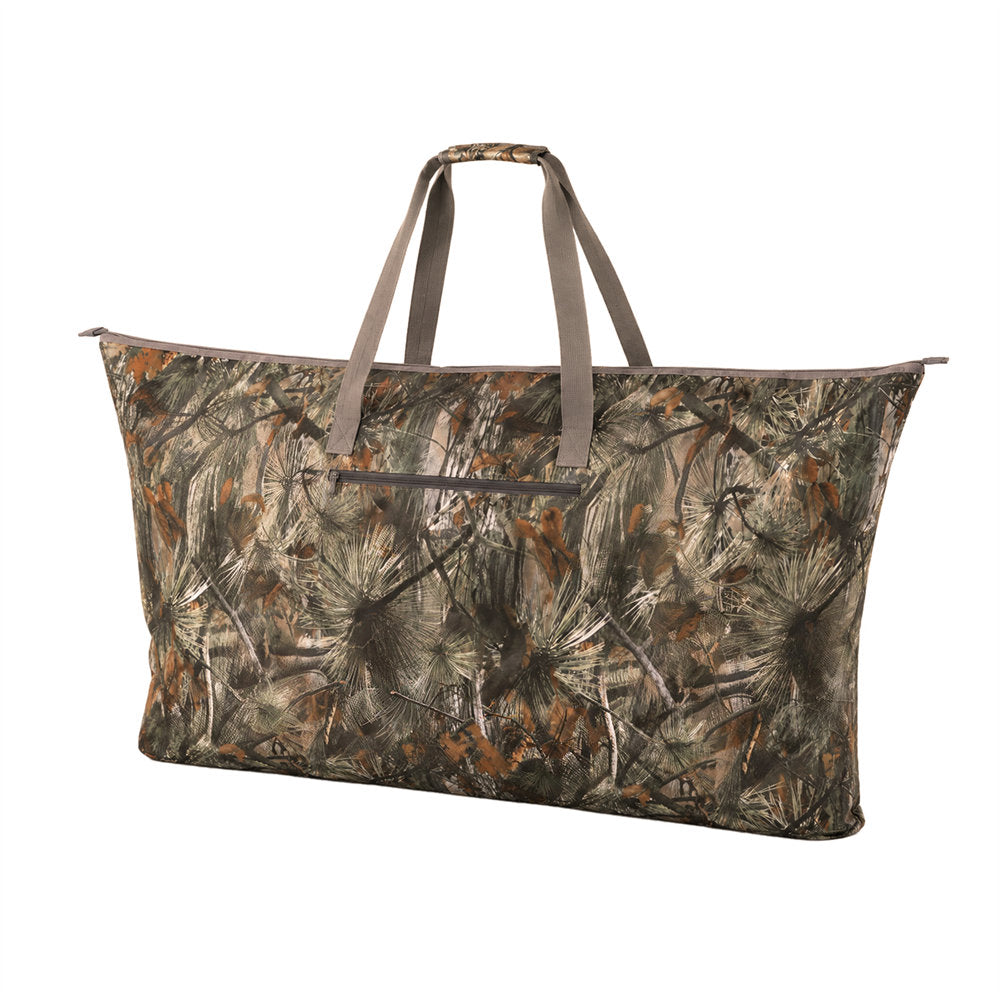 A large zippered duffel bag with a realistic pine tree camouflage pattern in shades of brown, green, and beige, featuring dual brown shoulder straps and a front zippered pocket.