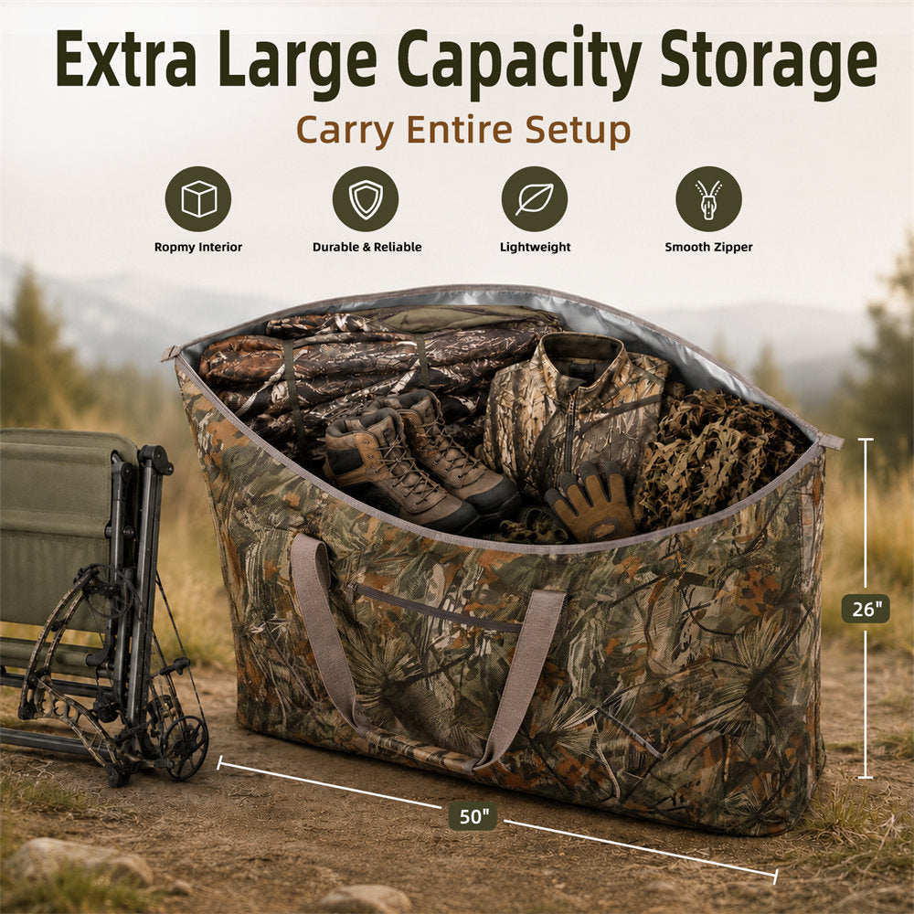 A large camouflage storage bag filled with hunting gear, shown outdoors on a dirt ground with a crossbow beside it. The image includes text reading 'Extra Large Capacity Storage' and dimension callouts indicating 50 inches wide, 26 inches tall, and carry the entire setup.