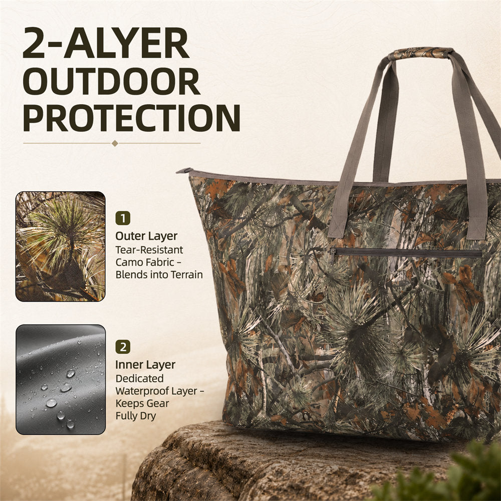 A large camouflage tote bag with gray handles sits on a rock in an outdoor-style setting, with marketing text reading '2-ALYER OUTDOOR PROTECTION' and two inset feature callouts about the outer camouflage layer and inner waterproof layer.