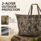 A large camouflage tote bag with gray handles sits on a rock in an outdoor-style setting, with marketing text reading '2-ALYER OUTDOOR PROTECTION' and two inset feature callouts about the outer camouflage layer and inner waterproof layer.