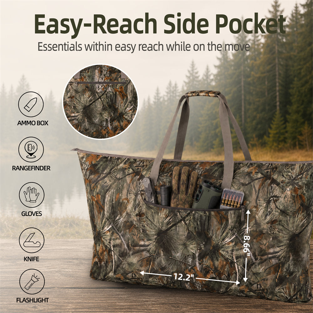 A camouflage hunting tote bag shown on a forest trail with overlaid text and icons highlighting a side pocket and included essentials like an ammo box, rangefinder, gloves, knife, and flashlight. The bag has a woodland camo pattern and side measurement arrows labeled 12.