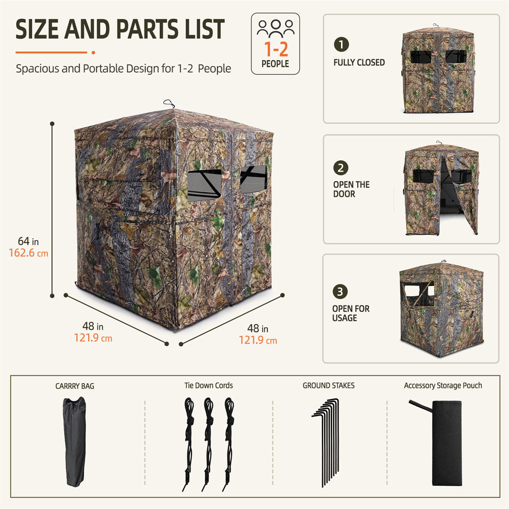 Size and parts list infographic for a camouflage hunting blind tent, showing dimensions of the tent in three states (fully closed, open door, open for usage) and listing included accessories: carry bag, tie-down cords, ground stakes, and accessory storage pouch on a light beige background.