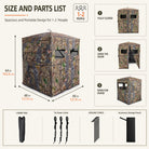 Size and parts list infographic for a camouflage hunting blind tent, showing dimensions of the tent in three states (fully closed, open door, open for usage) and listing included accessories: carry bag, tie-down cords, ground stakes, and accessory storage pouch on a light beige background.