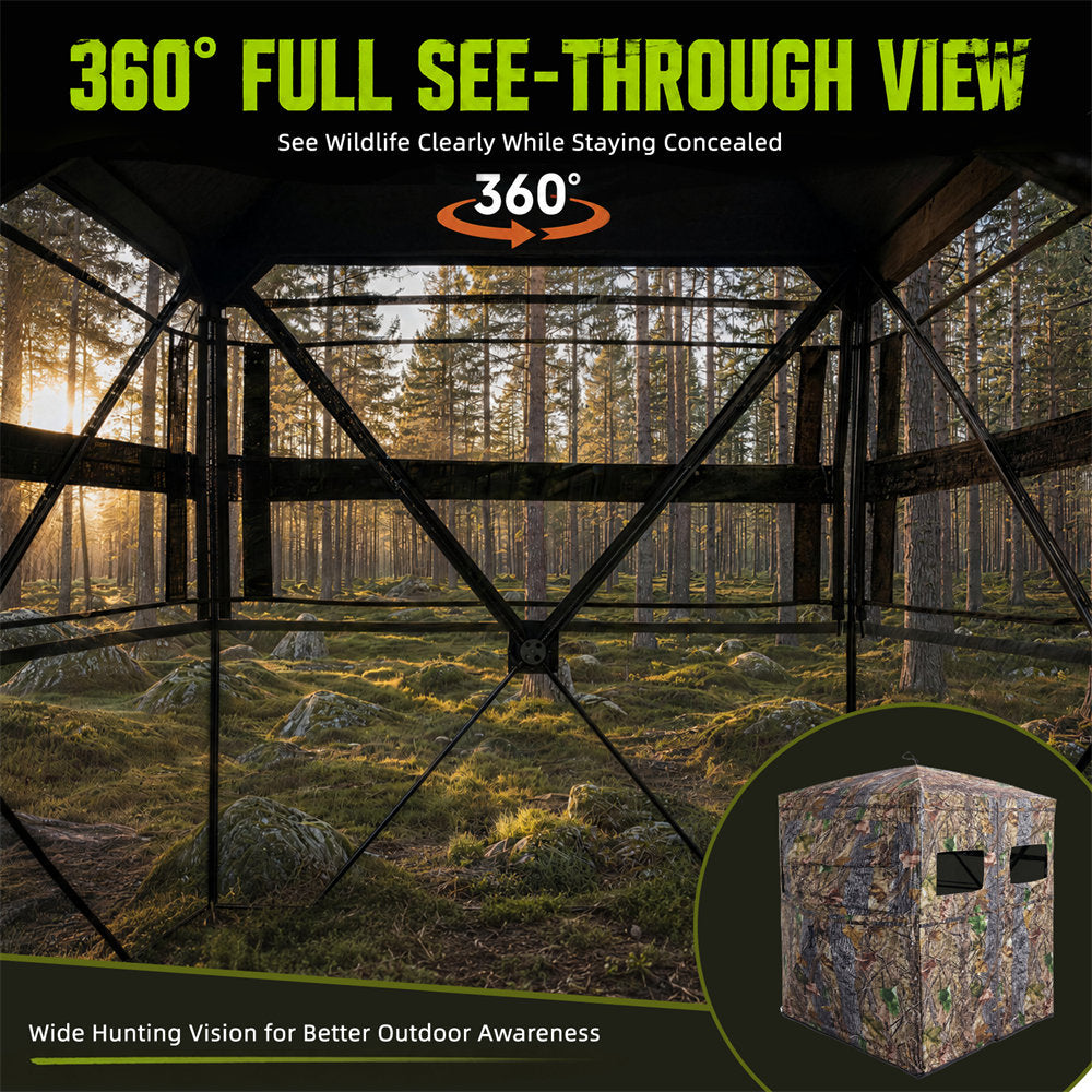 A forest-view hunting blind shown from inside, with large text reading '360° FULL SEE-THROUGH VIEW' and a small inset showing the camouflage exterior. The scene includes a real outdoor forest environment, so this is Lifestyle rather than Product/Packaging.